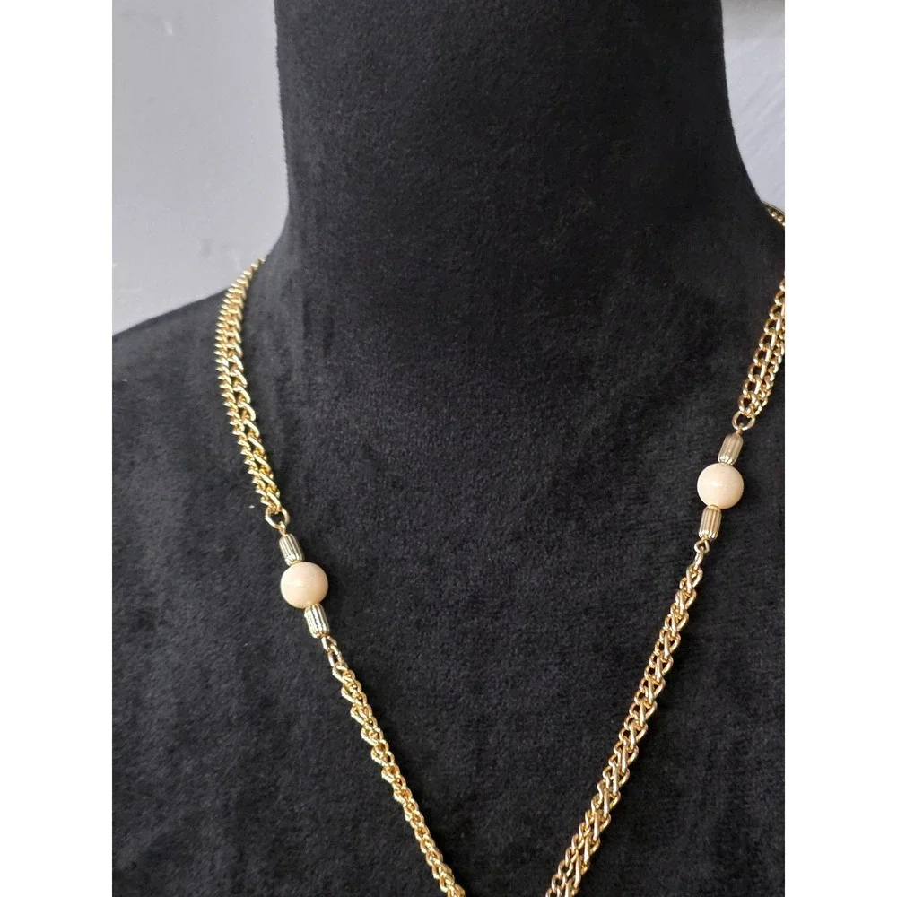 Park Lane Vintage Gold Tone Double Strand Tassel Necklace Cream Faux Pearl Bead‎